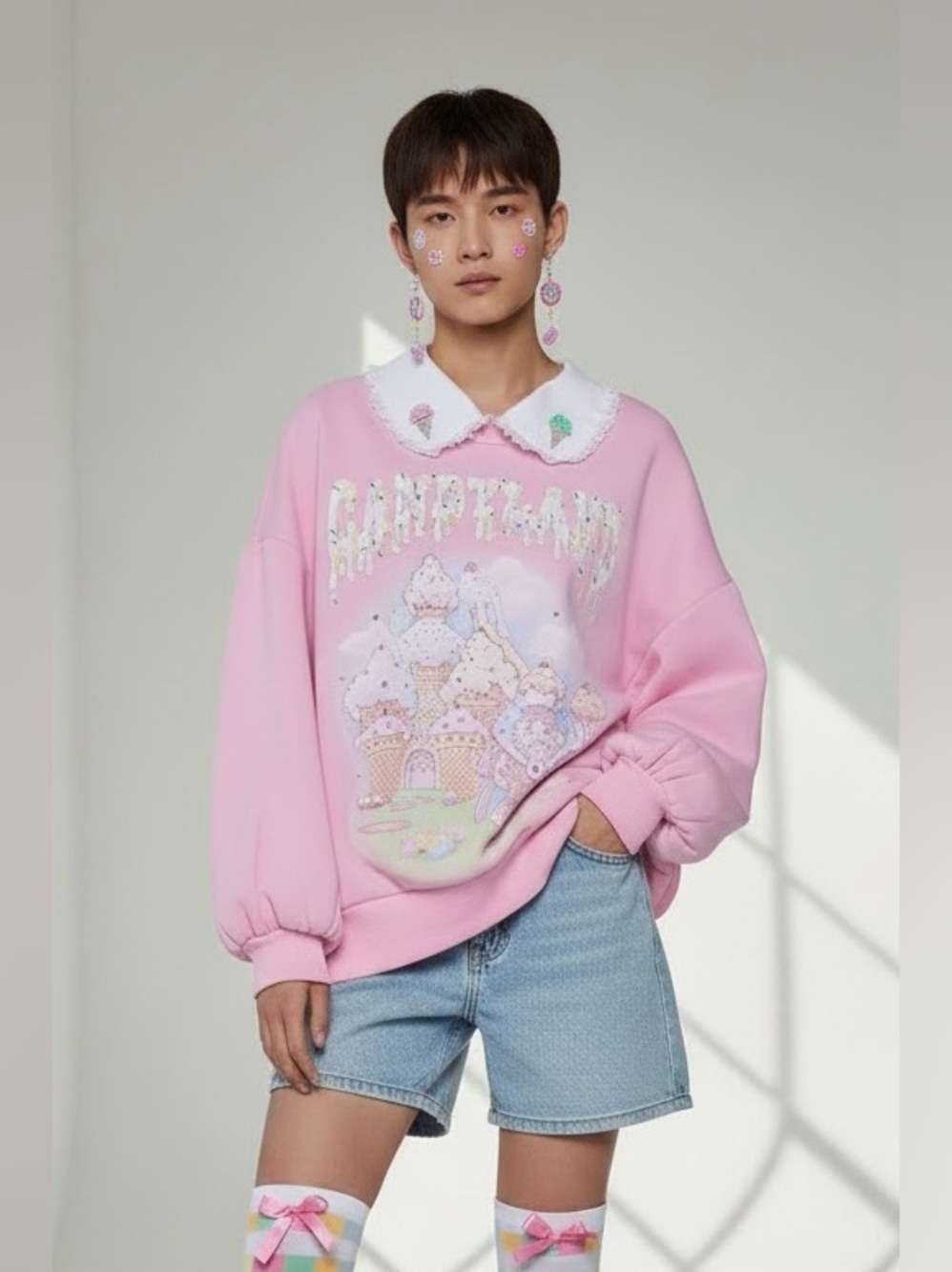 Dolls Kill X Candyland Graphic Pink Sweatshirt Peter Pan Collar Small Oversized
